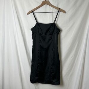 Hippie Rose Black Satin Y2K Babydoll Mini Slip Dress Size M Cocktail Fairy